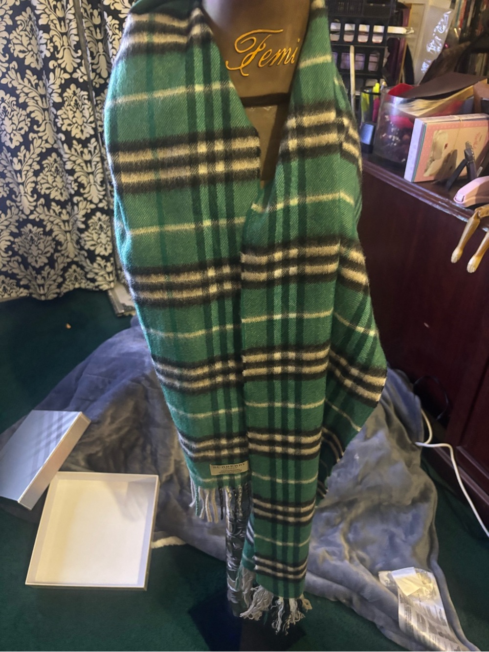 Burberry green Plaid Fringe Scarf